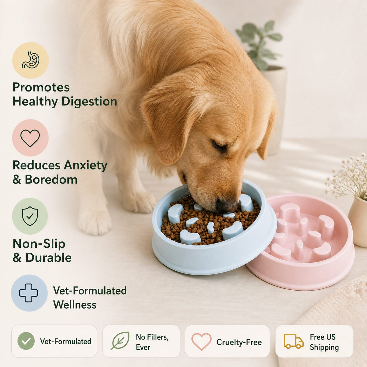 Golden retriever eating from the periwinkle blue Slow-Mo Bowl puzzle slow feeder